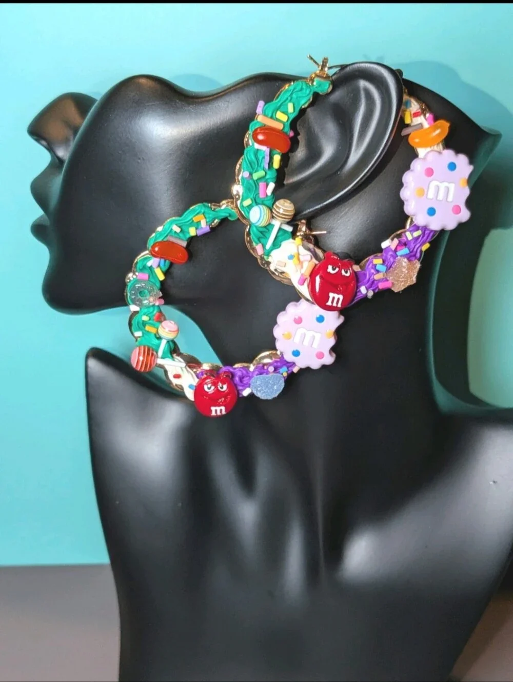Hand Crafted Decoden Multicolor Candy Hoop Earrings -Green & Purple & Red & Pink
